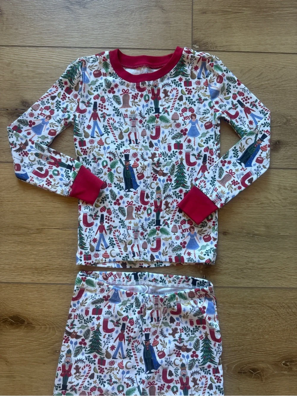 Pottery Barn Kids White Holiday Print Pajama Set with Red Trim